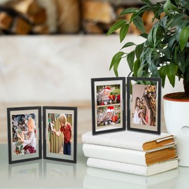 Golden State Art, Black 4x6 Hinged Double Frame - Floating Frame for 3 x 5 or Smaller Photos - Metal Frame and Real Glass, Elegant Decor for the Home or Office Tabletop (Vertical, 1 Pack)
