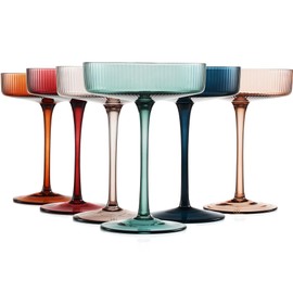 Vintage Art Deco Coupe Glasses Ribbed Coup Martini & Cocktail 7oz | Set of 6 | Modern Muted Pastel Colored Crystal Glassware for Champagne, Manhattan Goblet Cocktails, Ripple Glassware - Gift Box