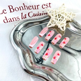 LWTZLW French Tip Press on Nails Medium Square False Nails Cute Strawberry Full Cover Glue ons Nails Short Coffin Acrylic Fake Nail Pink Flower Glossy Artificial Reusable for Women