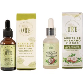 ORE Aceites Orgánicos, Set de 2 Frascos de 30 ml, Orégano y Coco + Orégano
