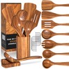 Natural Teak Kitchen Cooking Utensil Set with Holder, Wooden Spoons