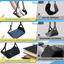 Upgraded Airplane Foot Hammock, No Collapse Foot Rest for Plane Travel, Adjustment Desk Foot Hammock with Thickened Bamboo Board and Foam, Portable Foot Sling Travel Essentials to Relax Your Feet