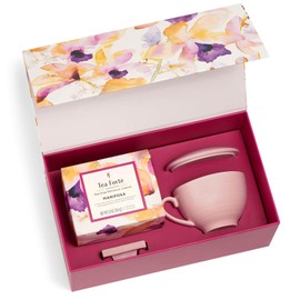 Tea Forte Mariposa 3-Piece Premium Tea Gift Set with Rose Pink Cafe Cup and Lid, Tea Tray and 10 Count Mini Presentation Box, 2 of Each Blend Handcrafted Pyramid Infuser Tea Bags
