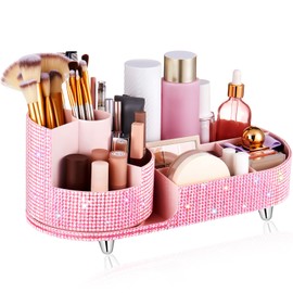 Resholder Teen Girls Women Gift Bling Makeup Organizer Large Girly Makeup Organizer 360 Rotating Rhinestone Diamond Skin Care Brush Holder for Countertop Bathroom, Teen Girls Essentials (Pink)