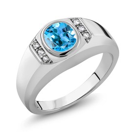 Gem Stone King Men's 925 Sterling Silver Swiss Blue Topaz and White Created Sapphire Ring (1.36 Cttw, Available in size 7, 8, 9, 10, 11, 12, 13)