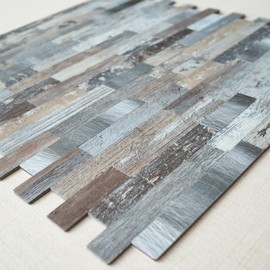 Decopus Metal Mosaic Tile Backsplash for Easy DIY Decoration -LNG Oblong 5pack - Vintage Wood Mix Silver - Peel and Stick for Backsplash of Fireplace, Kitchen, Bathroom, Camper, Stairway, Cabinet