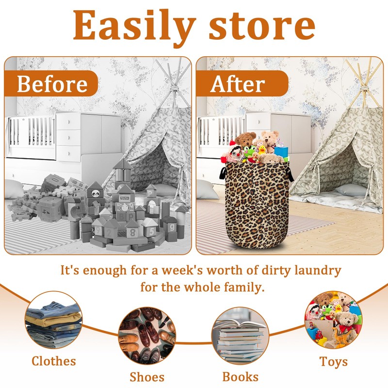 Brown Leopard Laundry Basket with Sturdy Handles, Natural Animal Skin
