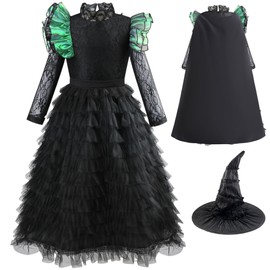 Tangsenyu Wicked Elphaba Costume for Kids Black Witch Fancy Dress with Cape and Hat