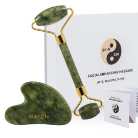 Skin Chi Green Jade Roller and Gua Sha Set - Dual Ended Face Roller & Gua Sha Stone Facial Massage Tool Women & Men - Anti Ageing Facial Device for Sculpting, Lifting, Product Absorption
