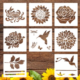 8PCS Large Flower Stencil for Painting, Sunflower Stencil Reusable Rose Template for Wood, Walls, Fabric, Canvas & Furniture, DIY Floral Stencils for Home, Garden, Fence & Craft Projects