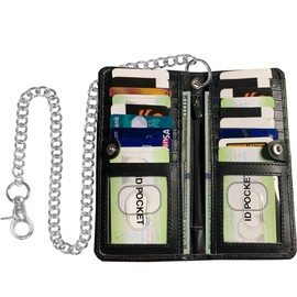 CLASSIC Motorcycle Chain Wallet for Men – Premium Cowhide Leather, RFID Bi-Fold Biker Wallet with Heavy Duty Chain for Bikers Truckers & Hunters, Credit Card Money Organizer Long Wallet Aniline Black