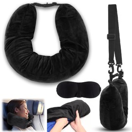 Fillable Neck Pillow, Travel Pillow, Stuffable Neck Pillow for Travel, Tubular U-shaped, Multifunctional Neck Pillow Cover with Eye Mask for Travel, No Filler, Black