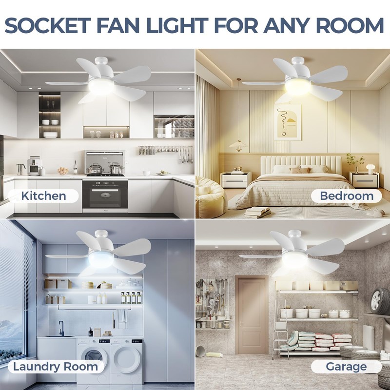 Socket Fan Light with Remote, 1500 Lumens Ceiling Fans with