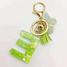 MBZRQKZS Green Letter A-Z Keychain for Women Tassel Butterfly Key Ring for Purse Handbag Car Keys,E