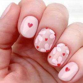 Valentine's Day Press on Nails Short Square Fake Nails With Red Love Heart Pink Flowers Designs Valentines False Nails Pink Stick on Nails Acrylic Romantic Artificial Nails for Women 24 Pcs