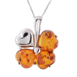 Amber Jewelry for Women - Sterling Silver Baltic Honey Amber Shamrock Pendant Necklace, Includes 18 Inch 925 Sterling Silver Chain, Made in Poland