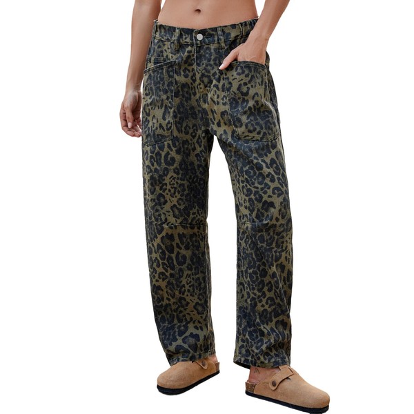 Kedera Women's Leopard Pattern Barrel Jeans Pants Wide Leg Y2K
