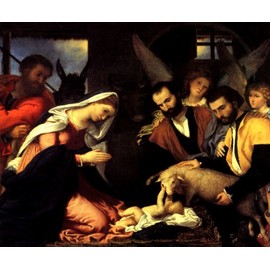 Adoration of The Shepherds Baby Jesus Mary Joseph Angels Manger by Lorenzo LOTTO 11" X 14" Image Size REPRO ON Canvas Shipped Rolled UP
