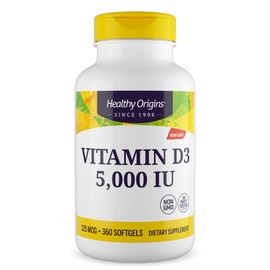 Healthy Origins, Vitamin D3, 360 Softgels, 5,000IU Vitamin D3 per Dose, Gluten Free, GMO Free, Neutral in Taste