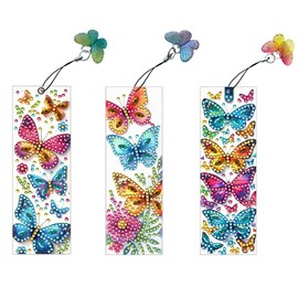 3 Pcs 5D Diamond Painting Bookmarks for Book Lovers, Handmade DIY Butterfly Diamond Art Bookmarks with Crystal Pendant, Graduation Birthday (Pink-01)