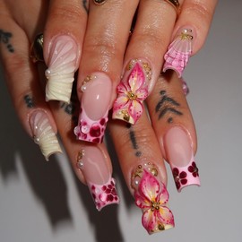 3D Flower Press on Nails Medium Long Pink Fake Nails with Starfish Pearl Designs Coffin French Tip False Nails Cute Artificial Nails Gel Acrylic Glue on Nails Summer Stick on Nails for Women 24Pcs