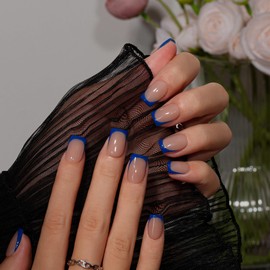 KQueenest Royal Blue French Tip Press On Nails Short Square, 30 Pcs Acrylic Press On Nails With Glue, Natural Nude Short Fake Nails Press ons, Reusable Glossy Soft Gel Glue on Nails for Women