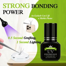 UV Eyelash Extension Glue Safe and Mild Without Irritation 1 Sec Drying Time 9-10 Weeks Retention Maximum Adhesion for Semi-Permanent Extensions Professional Use Only （Strong Style）