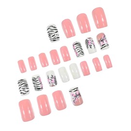 Spring Press on Nails Medium Length Coffin Shaped Fake Nails Flower Stick on Nails Zebra Stripes Glue on Nails Glossy Shiny False Nails Full Cover Artificial Acrylic Nails Reusable Nails Kit for Women