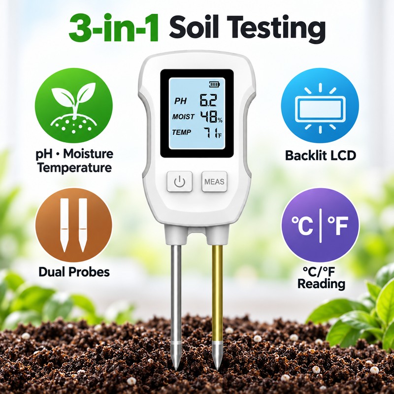 3-in-1 Digital Soil Tester with Backlit Display, pH Moisture &