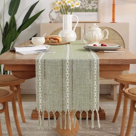 Yicorgard Farmhouse Table Runner Rustic Style 13“ x 72”, Braided Striped Linen Fall Table Runner 72 Inches Long with Tassels for Dining Room Kitchen Reading Dresser Décor,Green