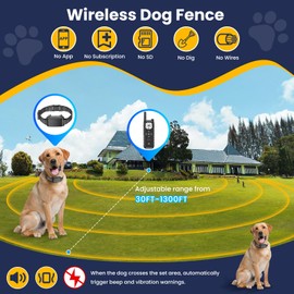 Wireless Dog Fence System, Invissible Fence for Dogs with Training Collar 185 Days Standby Time, Waterproof & Flash Light Portable Dog Perimeter Collar with 3 Training Mode for 2 Dogs Large Medium
