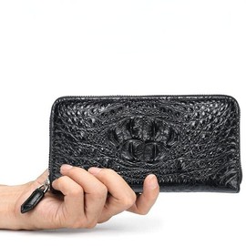 Alice Fan Luxury Genuine Crocodile Leather Skin Men's Wallet Zipper Long Wallet Men Purse Clutch Bag, Crocodile Head Black, Natural crocodile leather wallet