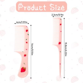 Cute Hair Comb Set, 2 Pcs Pink Strawberry Fruit Combs for Women Plastic Fine Tooth Rat Tail Combs Detangling Hair Comb for Women Girls All Hair Types Long Short Wet Dry Curly Straight Hair