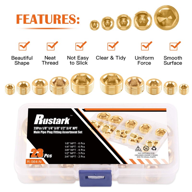 Rustak 23 Pcs Brass Pipe Plugs Assortment Set 1/8" 1/4"
