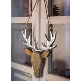 Dekoleidenschaft Decorative hanger made of wood and aluminium, shiny silver, mango wood deer head with antlers made of cast aluminium, wall hanger, wall decoration, deer decoration, hanging window