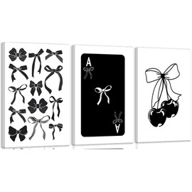 Kyiyhzp 3Pcs Fashion Black White Bow Canvas Wall Art Funky Aesthetic Cherry Poker Picture Painting Trendy Preppy Aesthetic Wall Decor Artwork for Girl Room Dorm Apartment Bedroom Decorations 16x24in