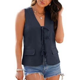 luvamia Linen Vest for Women Trendy Sleeveless Tie Front Tops Summer Casual Top Waistcoat Suit Vests with Pockets ladies western vests sleeveless lightweight Dark Blue Small Fits US Size 4 to 6