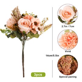 Artificial Flowers 3 Bundles Fake Fall Flowers Pink Fake Roses Autumn Faux Flowers Silk Bouquets with Hydrangea Arrangement for Fall Wedding Party Bridal Baby Shower Home Decor(Champagne)