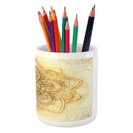 Ambesonne Eastern Pencil Pen Holder, Old Mandala on Grunge Backdrop Traditional Motif, Printed Ceramic Pencil Pen Holder for Desk Office Accessory, Dark Orange and Pale Yellow