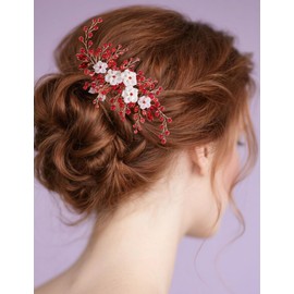 Lenjicons White Flower Leaf Pearls Hair Comb Wedding Rhinestone Hair Comb Luxuries Pearls Rhinestone Hairpiece Wedding Hair Accessories for Brides Bridesmaid (red)