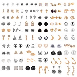 63 Pairs Dainty Stud Earrings Pack for Women Hypoallergenic Multiple Earrings Set Cute Moon Lock Stars Faux Pearl Studs Jewelry Gift (SY134233777)