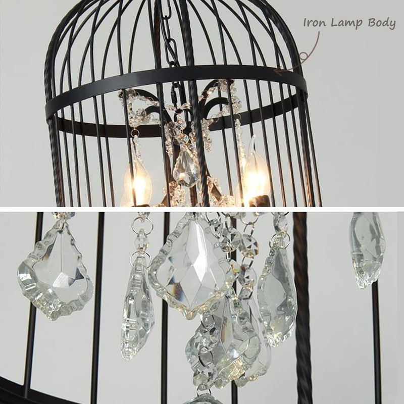LUOLAX Industrial Vintage Lighting Fixture Black Finish Metal Birdcage Crystal