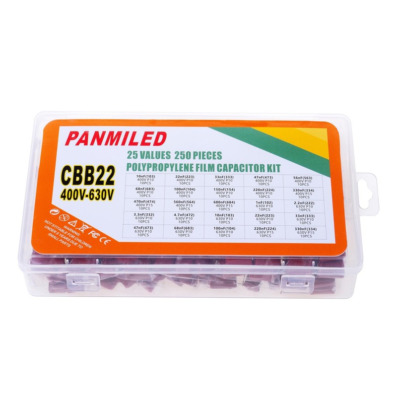 PANMILED 25 Values 250 Pieces CBB22 Polypropylene Film Capacitor Kit