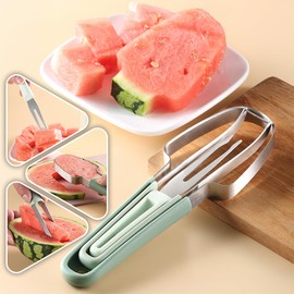 3-in-1 Watermelon Fork Slicer Cutter,Watermelon Cutter Slicer Tool,Stainless Steel Watermelon Windmill Cutter,Melon Cutter Knife Portability Fruit Fork for Kitchen, picnicking (Green)