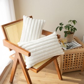 LIGICKY White Fluffy Decorative Lumbar Pillow Covers 12x20 Inch Double-Sided Striped Fuzzy Faux Fur Throw Pillow Cover for Couch Bed, Set of 2