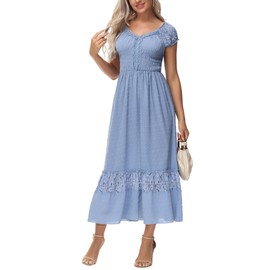 Anna-Kaci Renaissance Campesant Maiden Boho Vestido de encaje con mangas casquillo, Azul-cielo, S