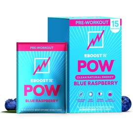 EBOOST POW Natural Pre Workout Powder - 15 Packets, Blue Raspberry - Preworkout Energy Booster Gym Supplement Drink Mix for Men and Women - Performance, Joint Mobility Support - Gluten-Free