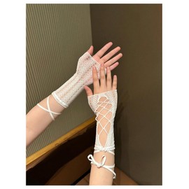 SHENHE Women's Lace Up Fishnet Arm Sleeves Fingerless Gloves Gothic Y2k Gloves White One-Size