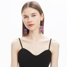 Kaseakia Beaded Tassel Earrings for Women, Big Statement Handmade Long Beaded Dangle Earrings, Boho Bohemian Large Native Seed Bead Earrings (Purple B)