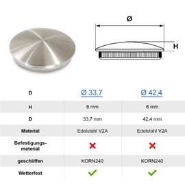 End Caps Stainless Steel V2A Pipe Stopper Lid Pipe Plug for Railing Pipe 42.4 mm (Curved, Solid Material, Diameter 42.4 mm)